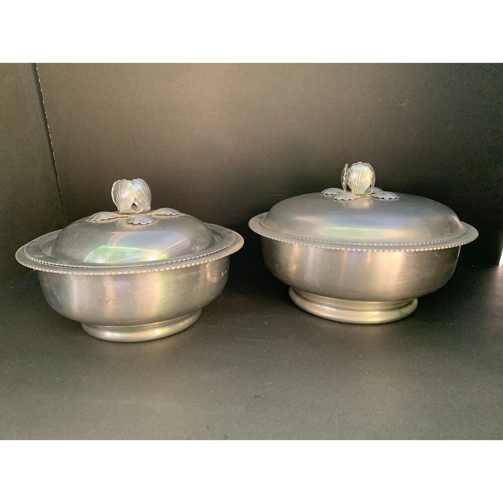 2 Vintage Hand Wrought Aluminum Lidded Serving Bowls/Dishes Flower Knob on Lids